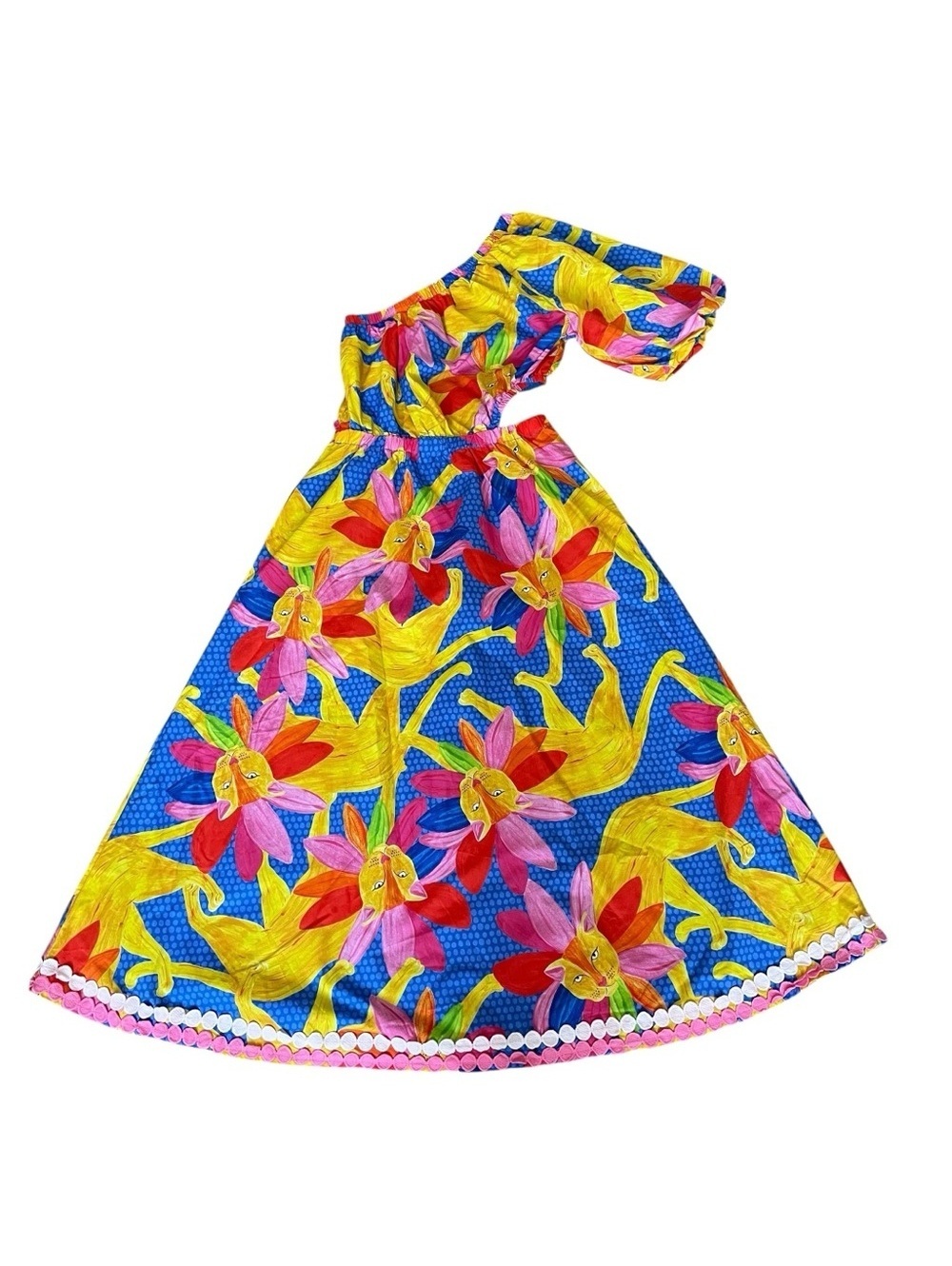 Marie by Victoria Dunn Lion Face One Shoulder Midi Dress Sz XS Colorful Tropical